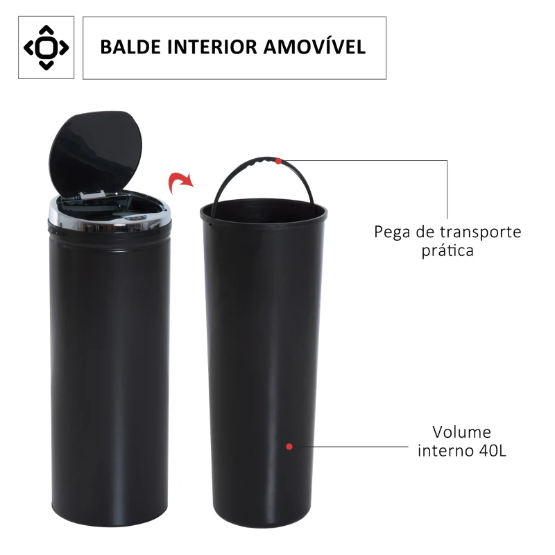 HOMCOM Balde do Lixo Automático 50L com Tampa de Fecho Suave e Silencioso Corpo em Aço Inoxidável Preto