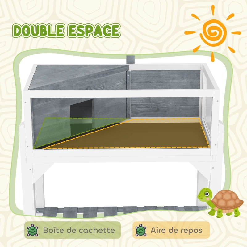 PawHut Maison pour tortues terrarium tortue terrestre sur pieds 2 zones toit ouvrant zone interactive 84,5 x 47,5 x 90 cm gris
