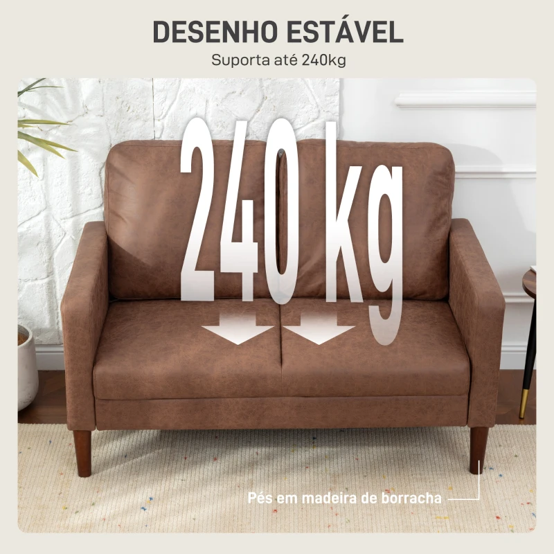 HOMCOM Sofá de 2 Lugares Estofado em Microfibra Sofá Moderno com Pés de Madeira Apoio de Braços 130x78x85 cm Castanho