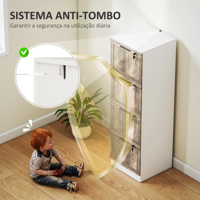 HOMCOM Bloco de Gavetas de Escritório com 4 Gavetas Fecho e 2 Chaves e Barras para Pendurar A4 Carta 39,4x40x129 cm Branco e Madeira