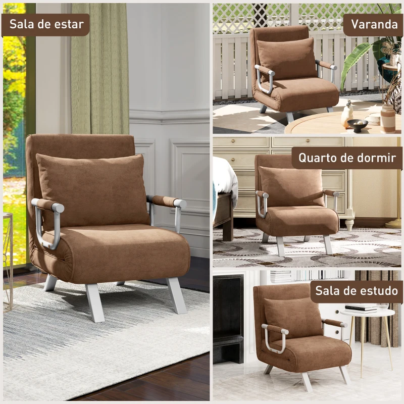 HOMCOM Sofá Cama Individual Sofá Cama Individual Sofá Reclinável com Almofada para Sala Quarto Carga 100 kg 65x69x80 cm Marrom