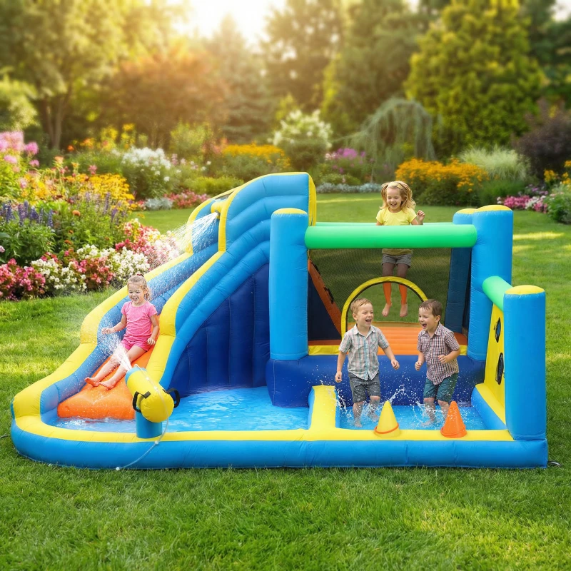 AIYAPLAY Château gonflable avec souffleur 8 en 1, parc aquatique, toboggan, trampoline, piscine à balles, oxford, multicolore