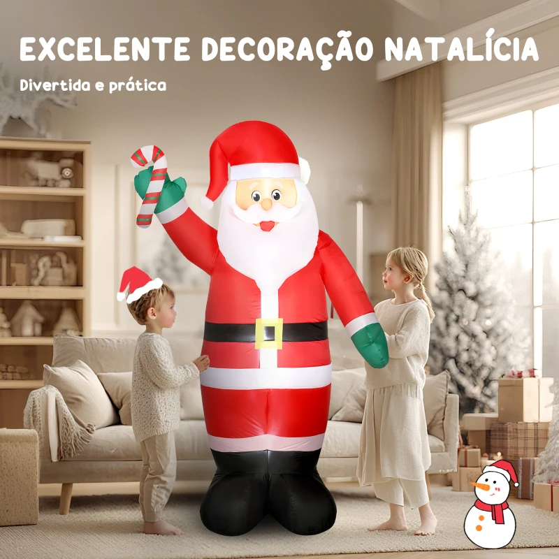 Outsunny Pai Natal Insuflável 240 cm com Bastão Luzes LED e Inflador Elétrico Decoração Natalícia para Exteriores e Interiores Multicor