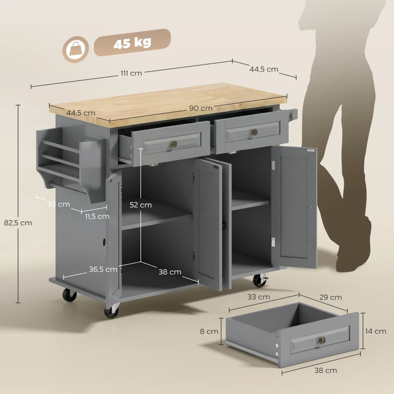 HOMCOM Ilha de Cozinha com Rodas 2 Gavetas 4 Portas Suporte para Temperos e Barra Lateral 111x44,5x82,5 cm Cinzento e Madeira
