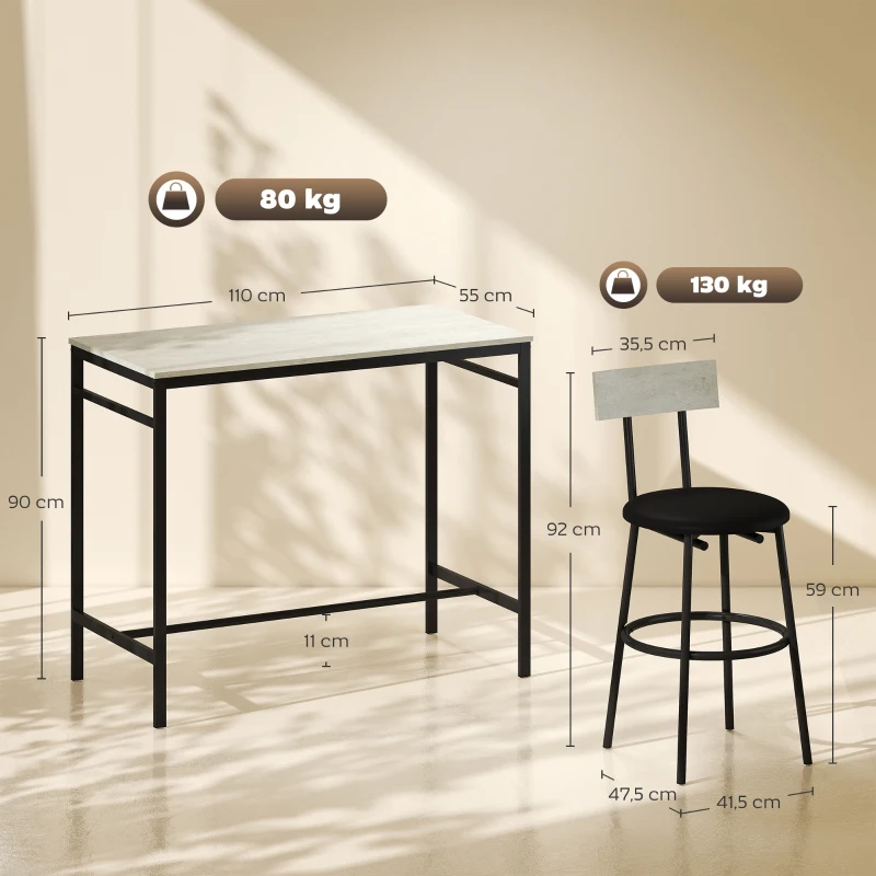 HOMCOM Ensemble table de bar avec tabourets, table haute bar et 4 tabourets, structure en acier, 110 x 55 x 90 cm, blanc