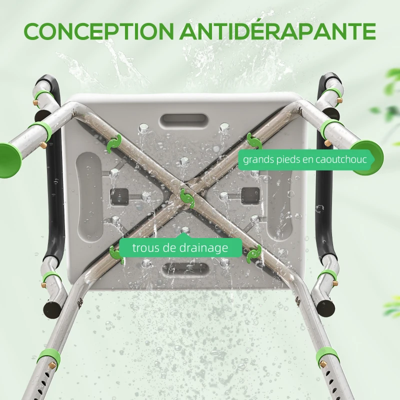 HOMCOM Tabouret de douche pour personnes âgées et handicapées avec accoudoirs, hauteur réglable, patins antidérapants, vert