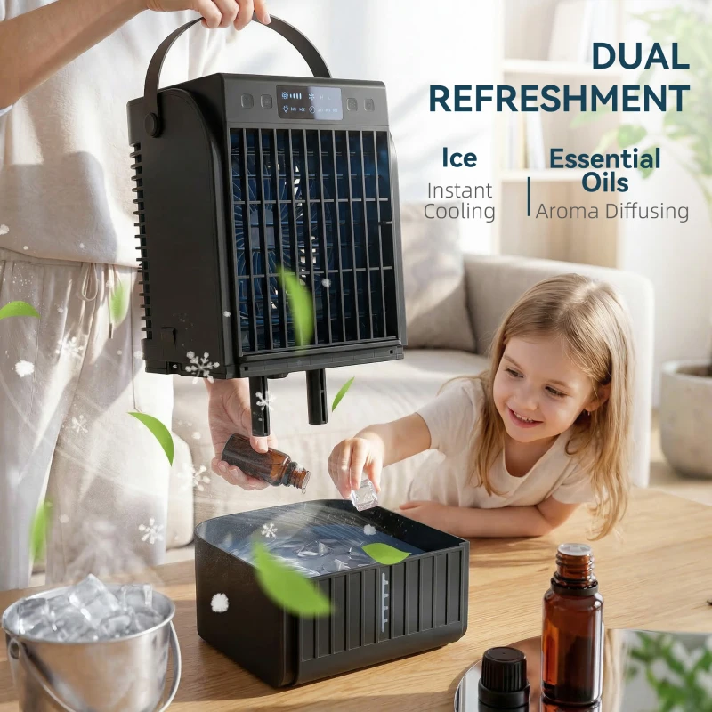 HOMCOM Portable Air Conditioner, 4-in-1 Mini Air Cooler with 4 Wind Speed, 2 Cool Mist, RGB 7 LED Light, Black