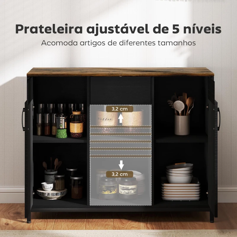 HOMCOM Aparador de 2 Portas com Orifícios 2 Compartimentos e Gaveta Prateleiras Ajustáveis 100x40x80 cm Preto e Castanho Rústico