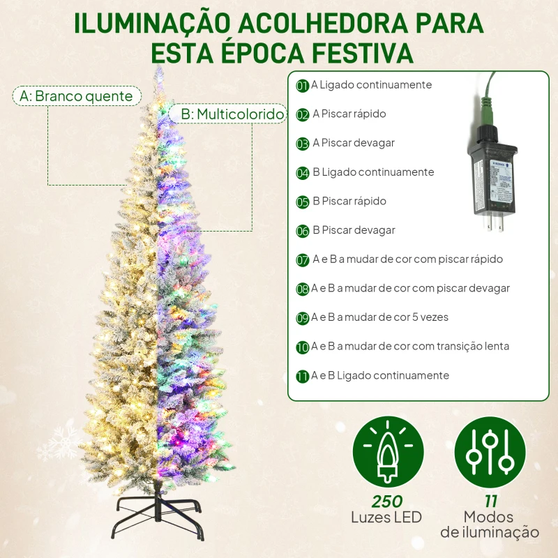 HOMCOM Árvore de Natal Estreita 210 cm Nevada com Luzes LED Bicolores 11 Modos de Iluminação 687 Ramos Suporte Metálico Verde