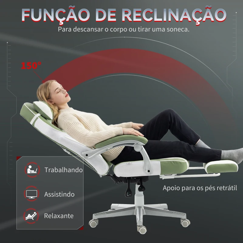 HOMCOM Cadeira Gamer Reclinável com Altura Ajustável Apoio para os Pés Retrátil Suporte Lombar e Almofada de Cabeça Amovível Verde