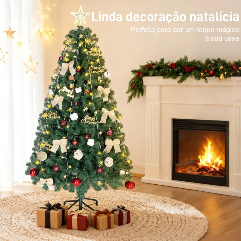 HOMCOM Árvore de Natal de 180 cm com Decorações 200 Luzes LED Branco Quente 8 Modos de Iluminação e 650 Ramos Verde