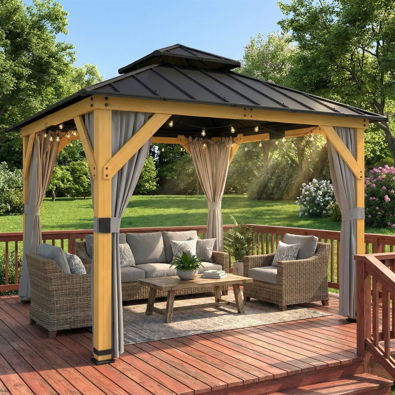 Outsunny 3 x 3 m Outdoor Hardtop Gazebo Canopy with 2-Tier Steel Roof, Wood Garden Gazebo with Curtains, Grey