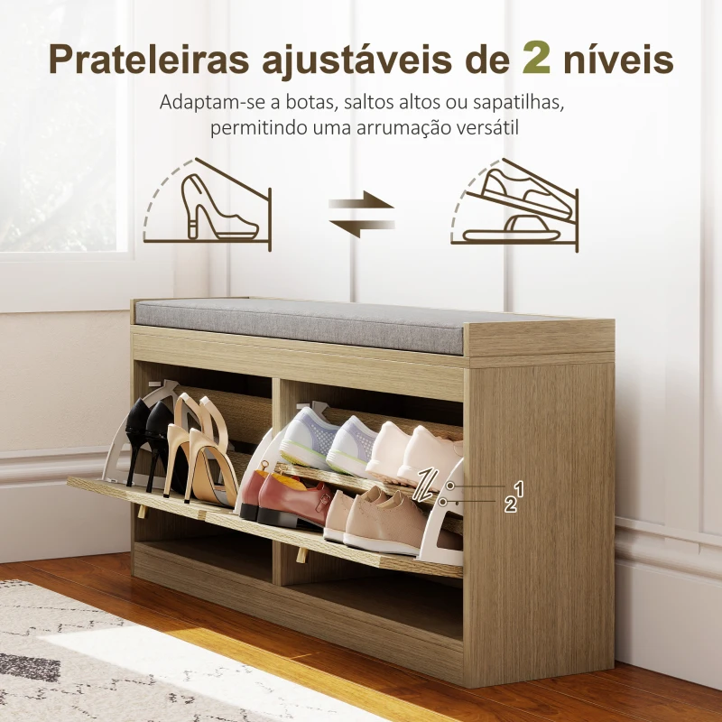 HOMCOM Banco Sapateira com Assento Acolchoado Portas em Vime Prateleira Ajustável para 8 Pares de Sapatos 104,5x24x48 cm Madeira