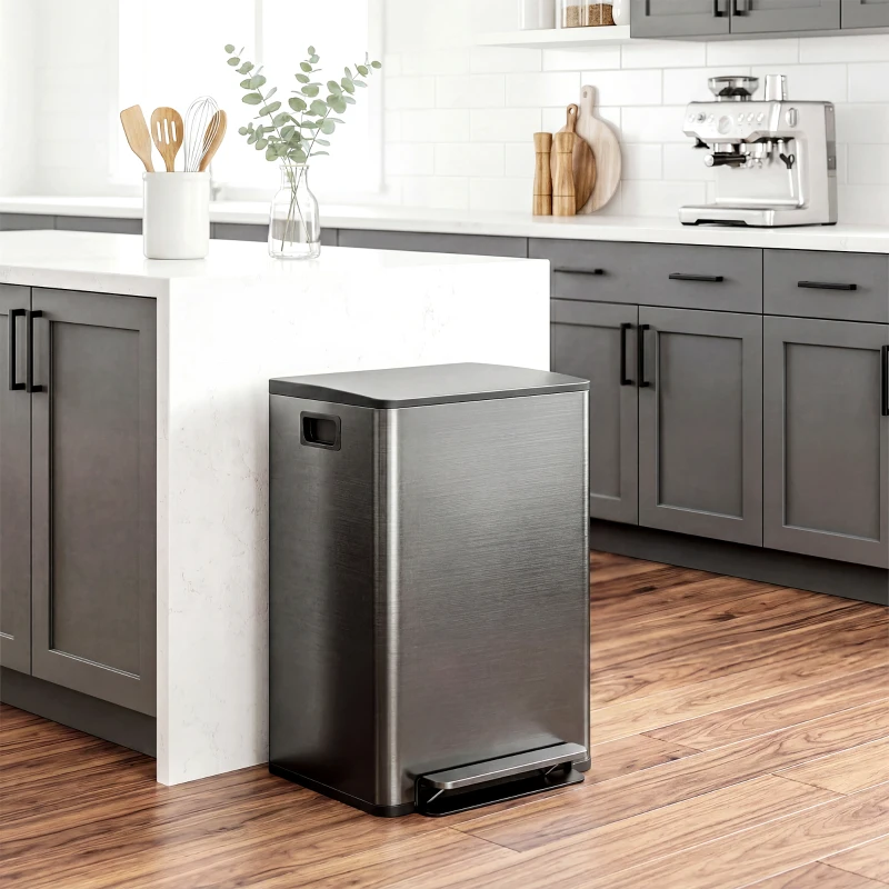 HOMCOM Poubelle de cuisine 2 compartiments de 2 x 30L, acier inoxydable, couvercle à fermeture douce, 47,7x37,5x66,8cm, noir