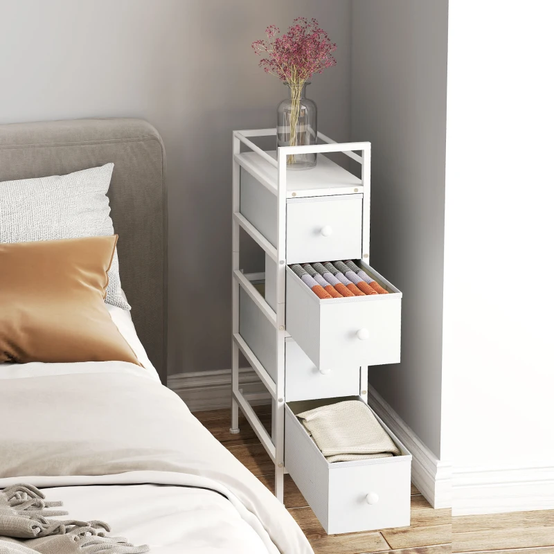 HOMCOM Móvel de Arrumação Estreito com 4 Gavetas de Tecido para Espaços Pequenos 20x43x81,5 cm Branco