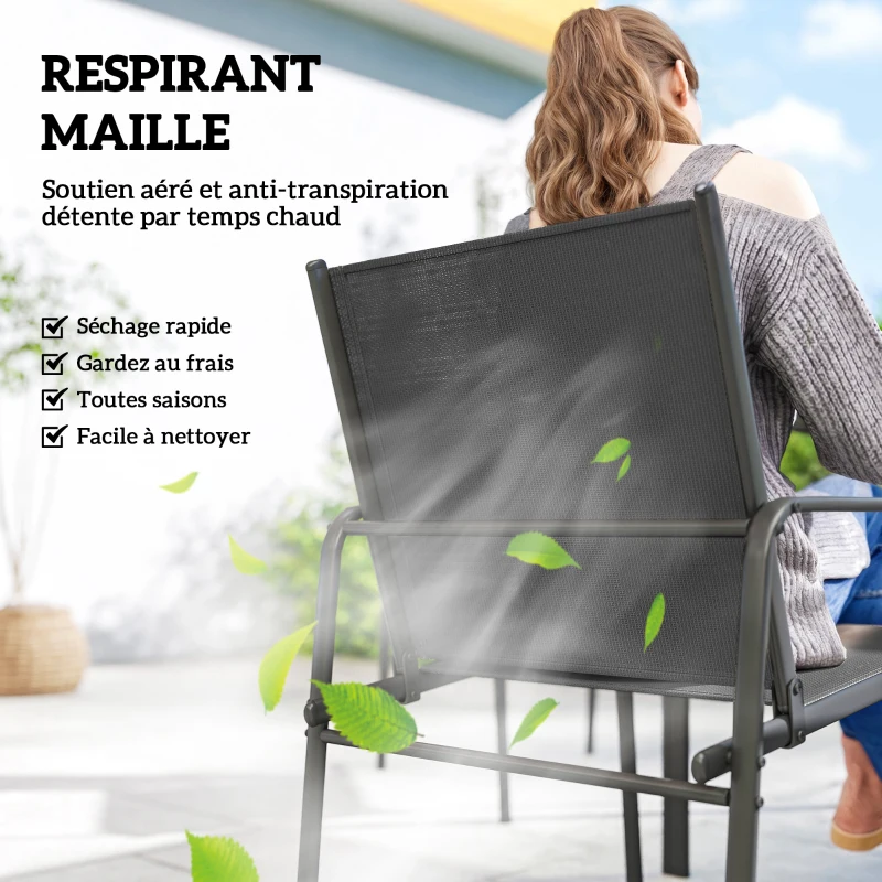 Outsunny Salon de Jardin Extérieur pour 6 Personnes, Table de Patio Effet Bois et Chaises avec Assise en Maille Respirante, Cadre en Acier Galvanisé, Noir