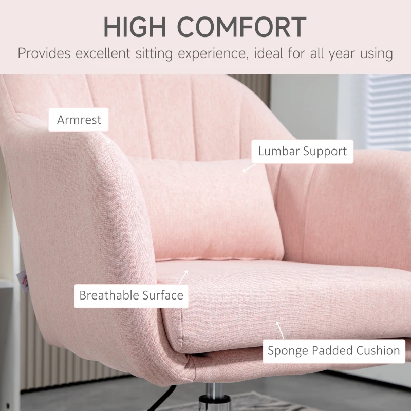 HOMCOM Swivel Accent Chair, Linen Fabric Tub Vanity Chair, Modern Armchair with Adjustable Height and Lumbar Support for Living Room Bedroom Salon Make up Room Dressing Table, Pink