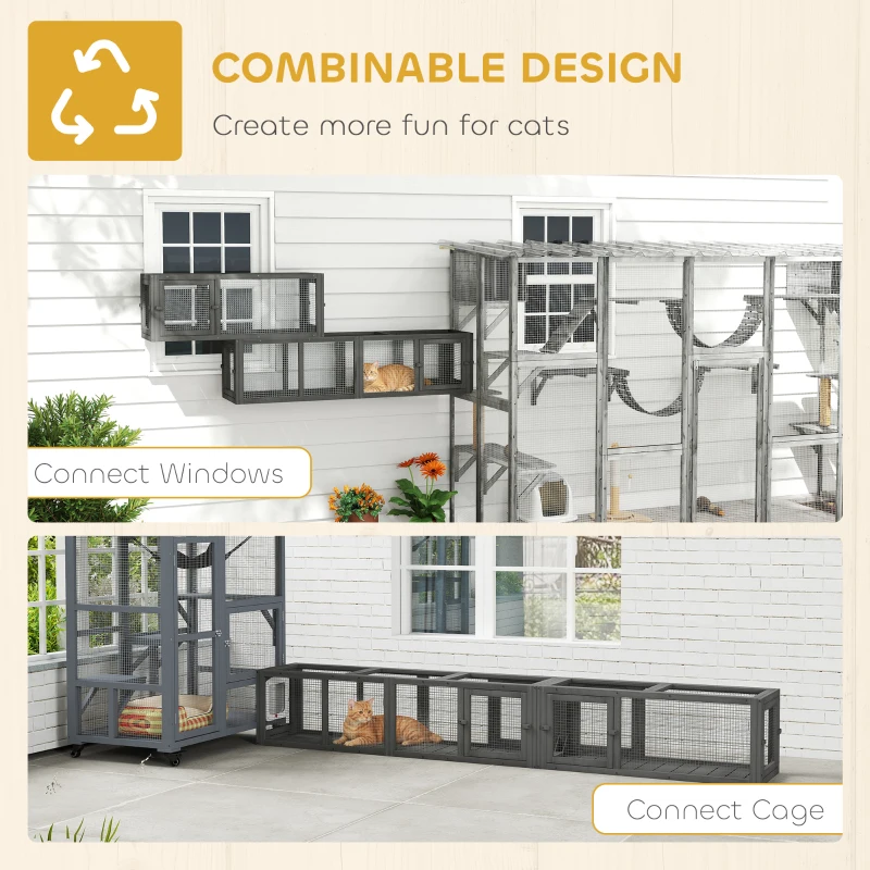 PawHut Cat Tunnel, 250cm Extra Long Wooden Cat Play Tunnel with 8 Doors, L-shape/Rectangle, Outdoor Cat Enclosure, Dark Grey