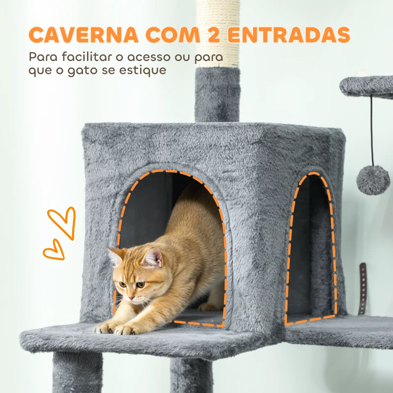 PawHut Arranhador para Gatos com Plataformas Plataformas Caverna Postes de Sisal Bolas e Corda para Brincar 60x48x202 cm Cinza