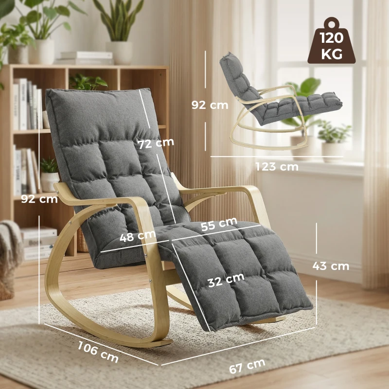 HOMCOM Sillón mecedor con reposapiés ajustable, sillón relax acolchado, gris