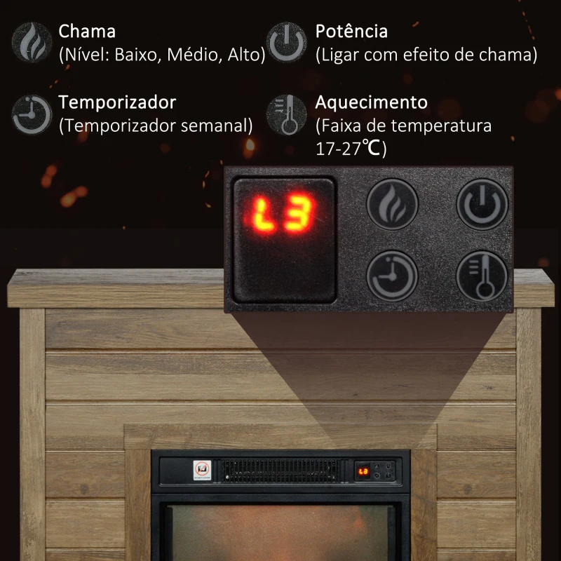 HOMCOM Lareira Elétrica 1800W Lareira Decorativa com Efeito de Chama Realista Temporizador para Ambientes de 30 m² 96,5x22x81,7 cm Efeito Madeira