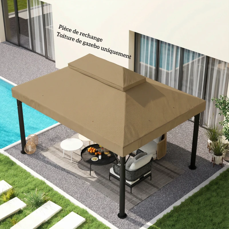 Outsunny Toile de rechange pour pavillon toile de tonnelle 4 x 3 m, double toit avec trous de drainage, polyester 370 g/m², beige