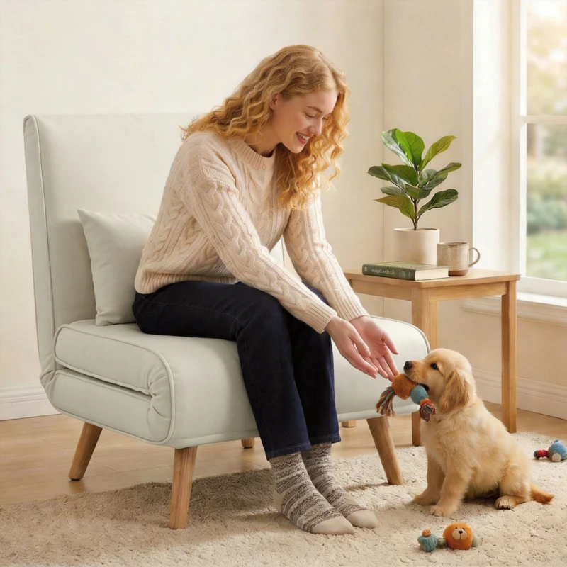 HOMCOM Fauteuil chauffeuse convertible 3 en 1 lit fauteuil lit 1 place dossier 5 positions en tissu avec coussin, crème