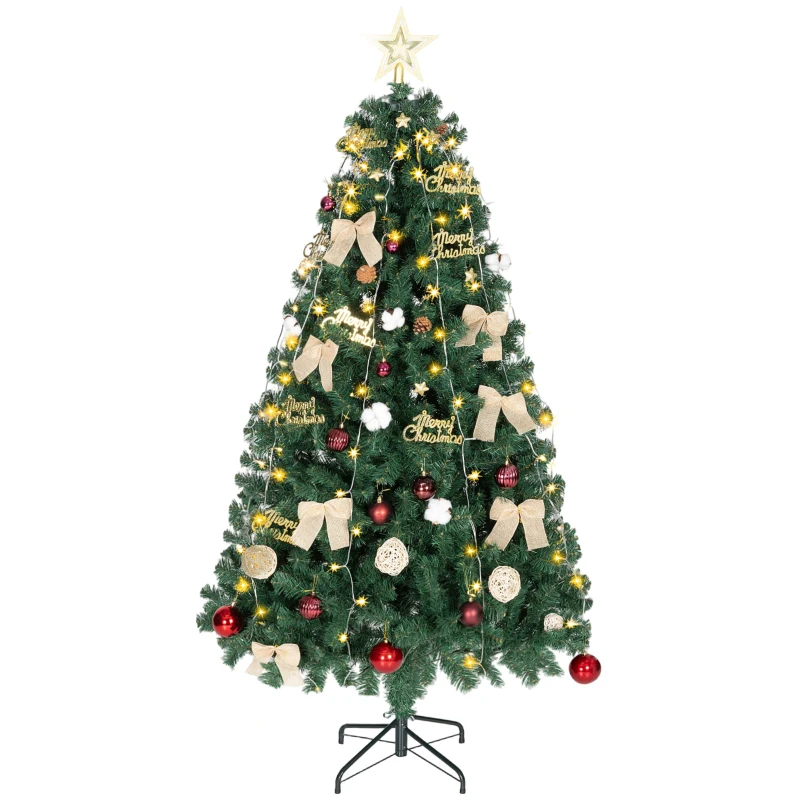 HOMCOM Árvore de Natal de 180 cm com Decorações 200 Luzes LED Branco Quente 8 Modos de Iluminação e 650 Ramos Verde