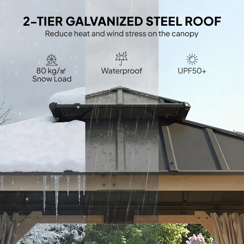 Outsunny 3 x 3 m Outdoor Hardtop Gazebo Canopy with 2-Tier Steel Roof, Wood Garden Gazebo with Curtains, Light Grey