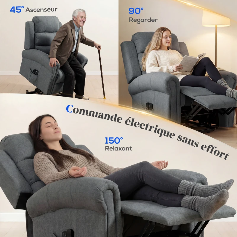 HOMCOM Fauteuil releveur électrique, fauteuil relax électrique avec fonction massage et chauffage, 87 x 87,5 x 108 cm, gris