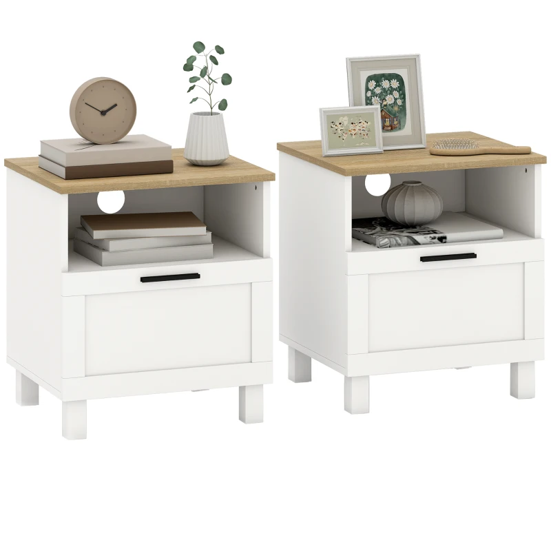 HOMCOM Conjunto de 2 Mesas de Cabeceira Modernas com Gaveta Compartimento Aberto Pés de Madeira 45x38x50 cm Branco