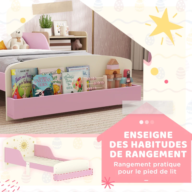 AIYAPLAY Lit enfant 70 x 140 cm, lit pour enfant avec barriere de securite et sommier à lattes, espace de rangement, rose