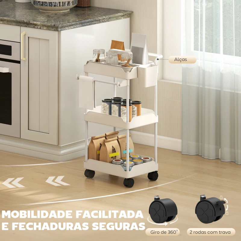 HOMCOM Carrinho Auxiliar com Rodas de 3 Níveis com Cestos Extraíveis Suporte para Toalhas e Estrutura de Metal 42x42,5x76 cm Branco