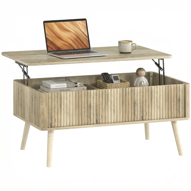 HOMCOM Table basse relevable, table de salon avec 2 compartiments cachés et pieds en pin, 91 x 56 x 43 cm, chêne