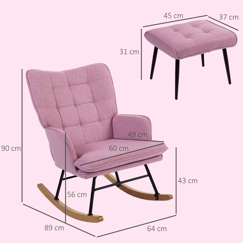 HOMCOM Conjunto de Poltrona Baloiço com Apoio para os Pés Poltrona Relax com Almofada Acolchoada e Anti-Tombo 64x89x90 cm Rosa