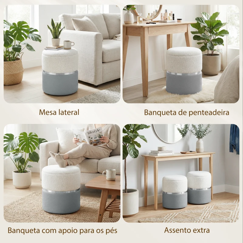 HOMCOM Conjunto de 2 Puffs de Arrumação Estofados em Chenille e PU Assento Acolchoado para Entrada Quarto Cinzento e Creme