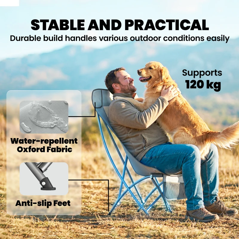 Outsunny Camping Chair for Adults Heavy Duty Folding Camp Chair with Side Pocket and Carry Bag Light Grey