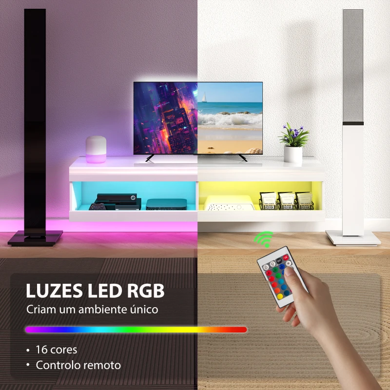 HOMCOM Móvel de TV Suspenso com Luzes LED com Controlo Remoto Compartimentos Orifício Passa-Cabos 140x40x30 cm Branco Brilhante
