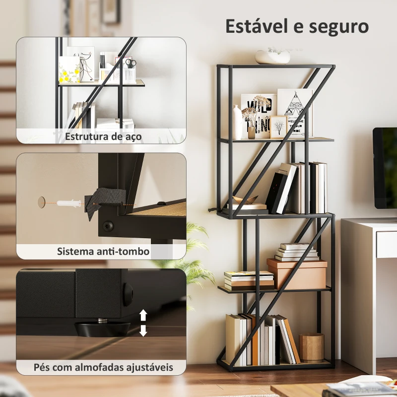 HOMCOM Estante de 5 Níveis Estante para Livros Estilo Industrial com Prateleiras Abertas e Estrutura de Aço 60x30x165 cm Madeira e Preto