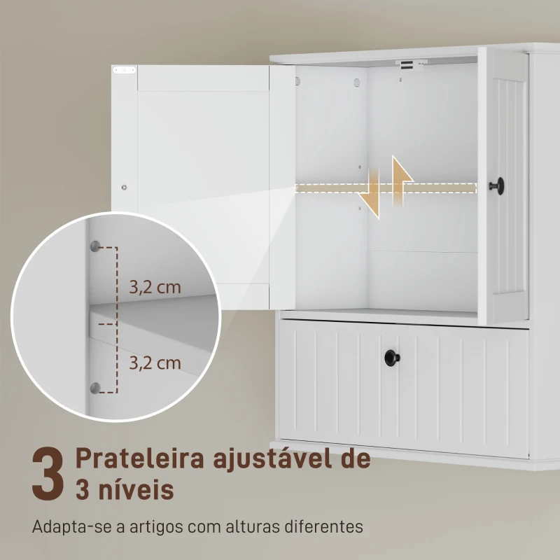 HOMCOM Armário Casa de Banho de Parede Rústico com Prateleira Ajustável Dupla Porta Porta Basculante e Fecho Magnético 60x19,5x60 cm Branco