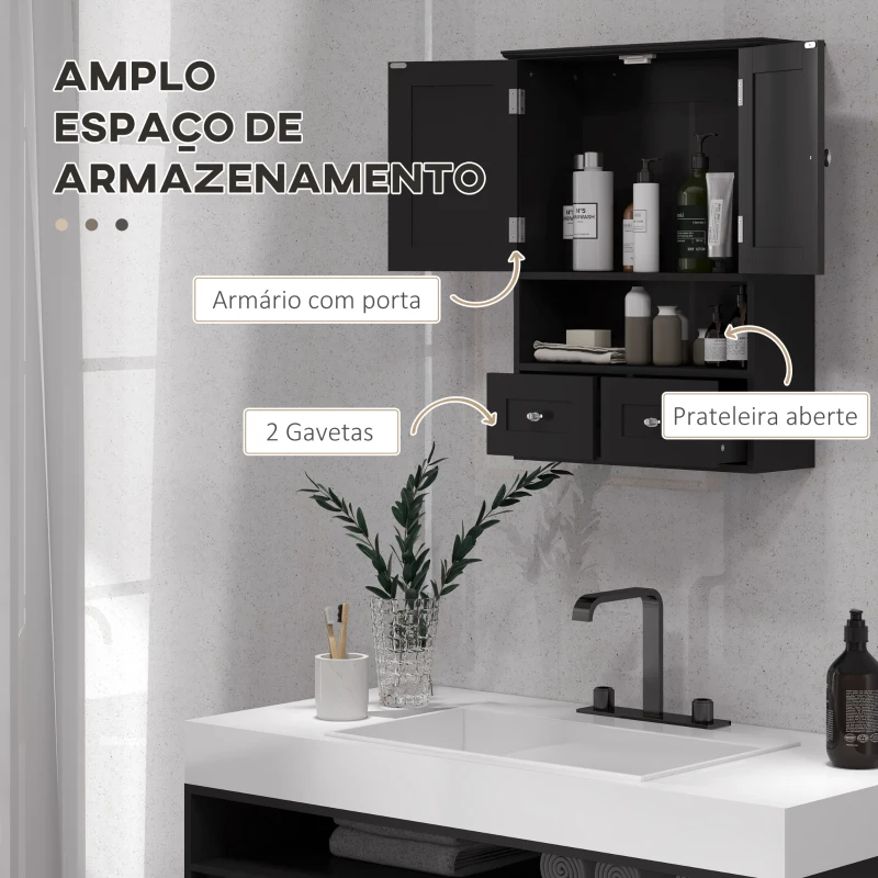 kleankin Armário de Parede para Casa de Banho com 2 Portas Prateleira Aberta e 2 Gavetas Estilo Moderno 50,8x17,8x66 cm Preto