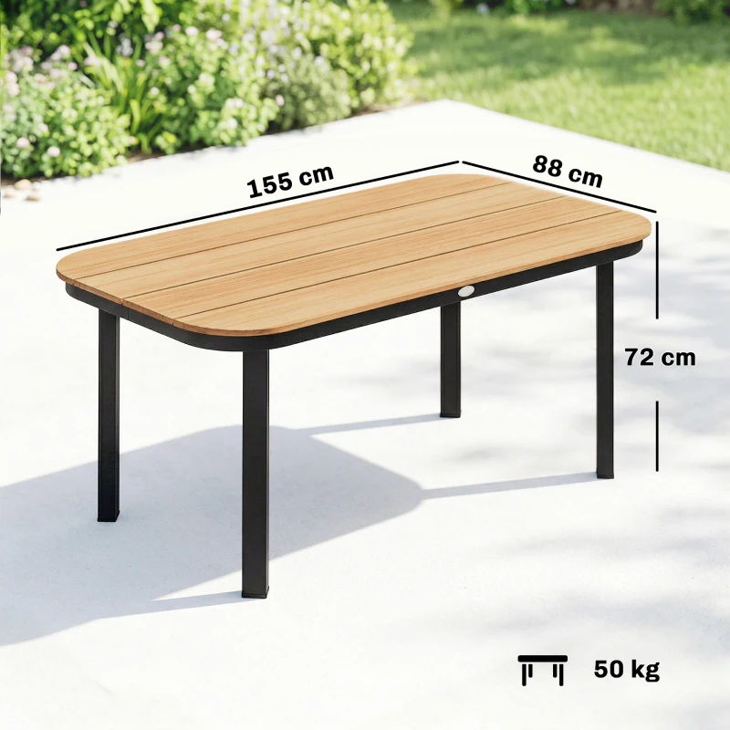 Outsunny Mesa de jardín, mesa de comedor para 6 personas, mesa de balcón con armazón metálico, tablero de listones WPC, 155 x 88 x 72 cm, Marrón