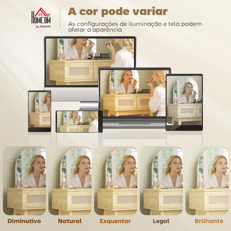 HOMCOM Toucador de Maquilhagem com Espelho Arqueado e 2 Gavetas com Frente em Vime para Espaços Pequenos 70x43,5x130 cm Madeira