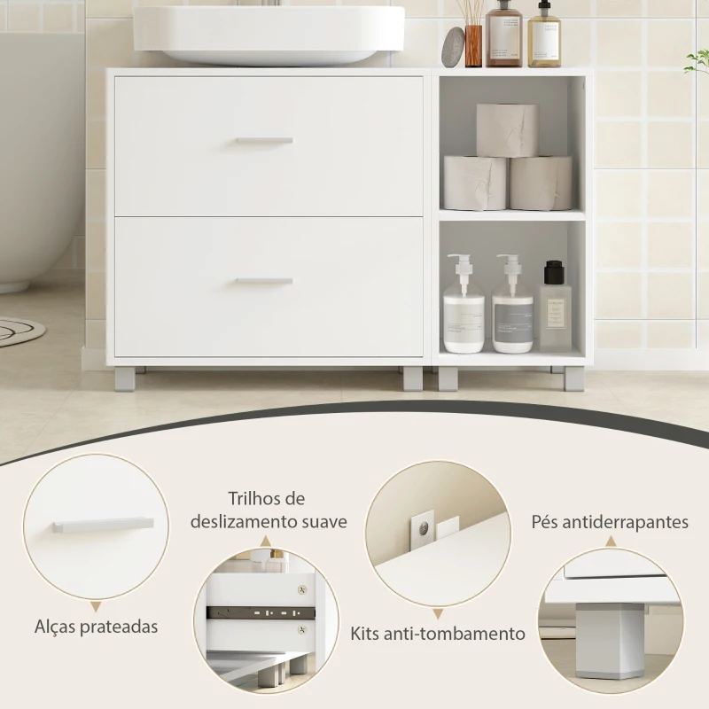 HOMCOM Móvel para Lavatório, Armário de Casa de Banho com 2 Gavetas e 2 Prateleiras Abertas, para Lavatório com Pedestal, 90x30x60 cm, Branco