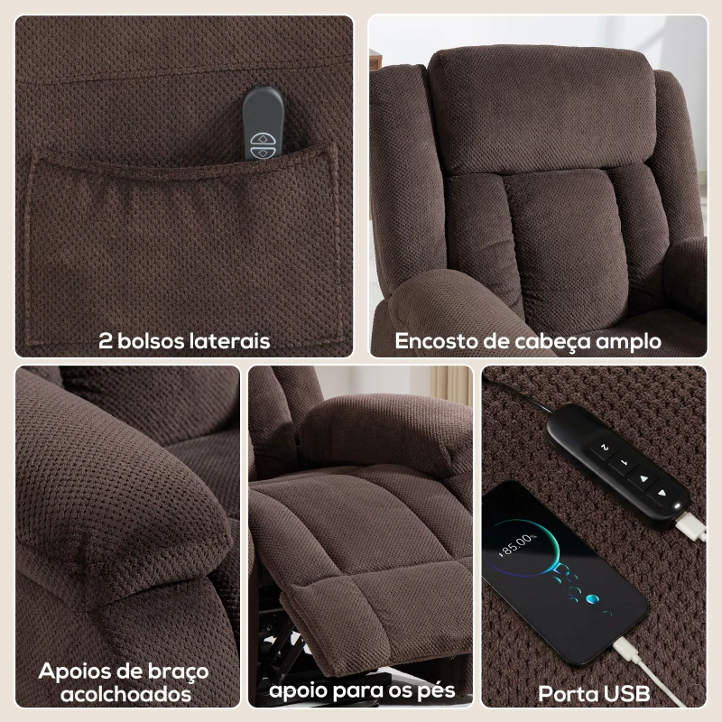 HOMCOM Poltrona Relax Reclinável Elétrica Elevatória com Porta USB Controlo Remoto Assento Largo Apoio para os Pés Castanho