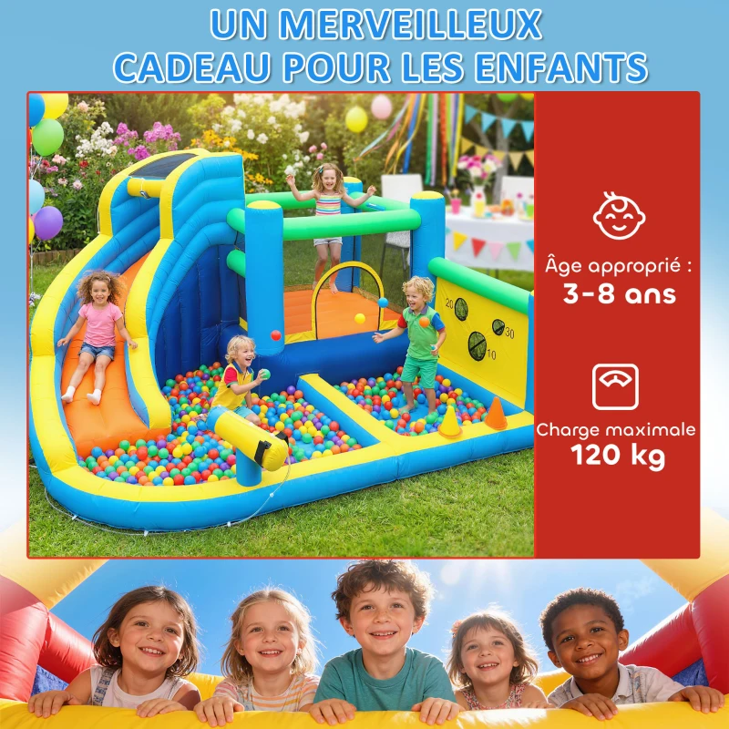 AIYAPLAY Château gonflable avec souffleur 8 en 1, parc aquatique, toboggan, trampoline, piscine à balles, oxford, multicolore