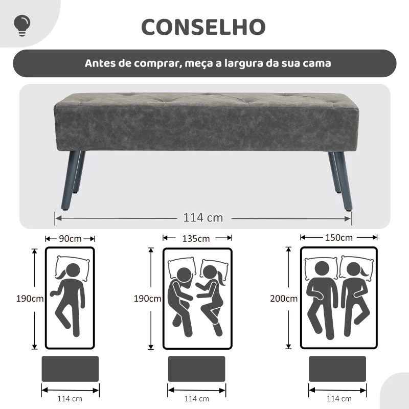 HOMCOM Banco de Pé de Cama Multifuncional Clássico Banco Dormitório com Pés de Madeira e Assento Acolchoado 114x38x42 cm Cinza