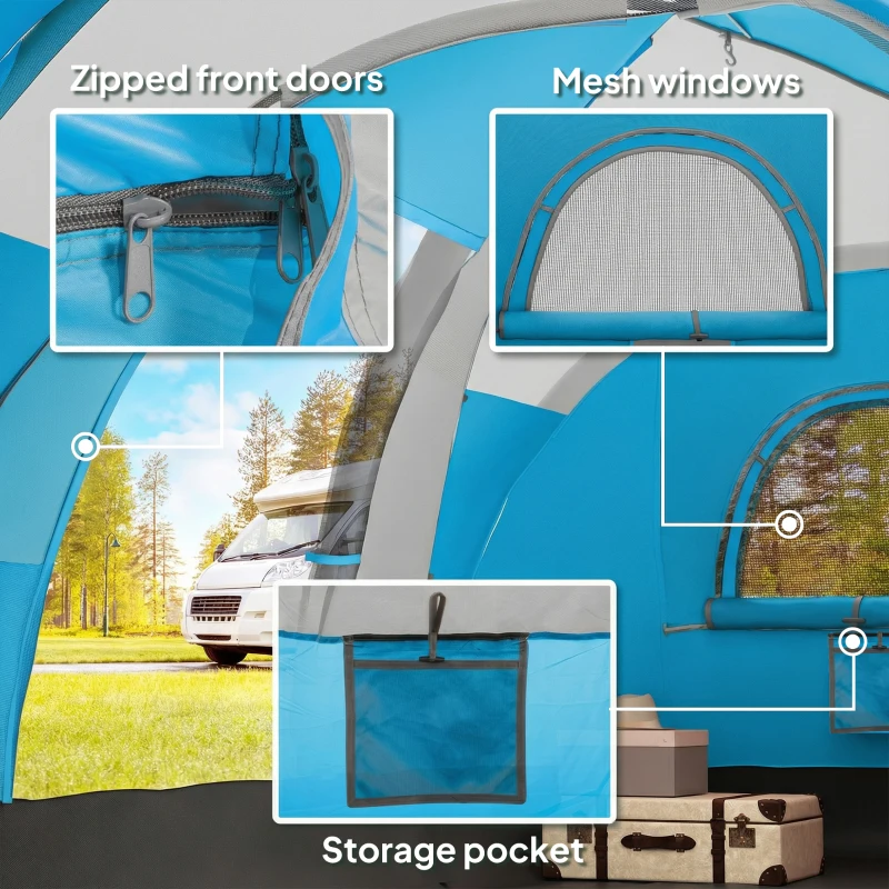 Outsunny 5-6 Man Camping Tent, Tunnel Tent, Water Resistant Hiking Shelter with Groundsheet and Carry Bag, Light Blue