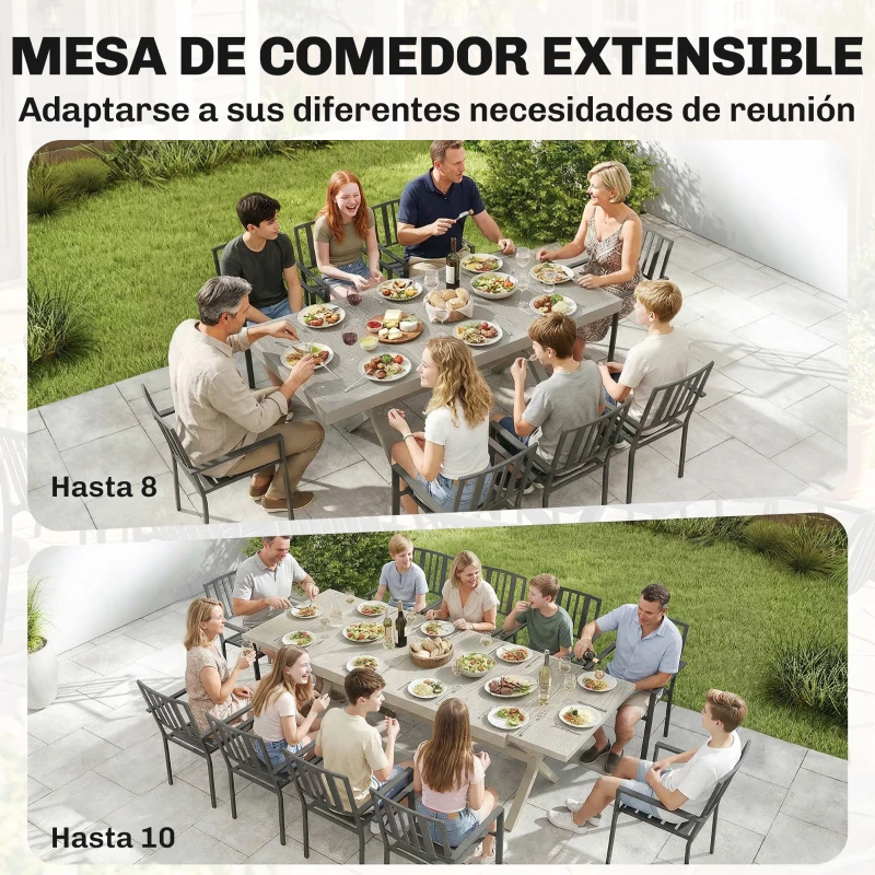 Outsunny Mesa de Comedor Exterior Extensible 154/214 cm para 8-10 Personas de Aluminio Acero con Tapa Imitación Madera Gris