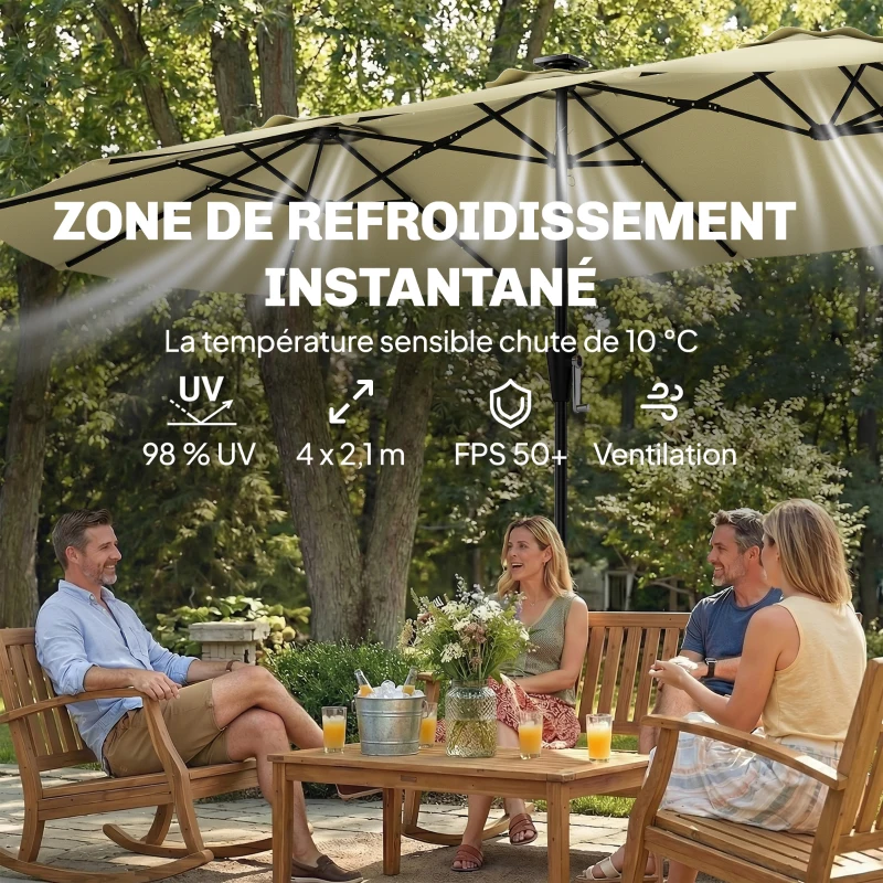 Outsunny Parasol de Jardin Double 36 LED Solaires Rectangulaire UPF 50+ Structure à 12 Baleines avec Manivelle 395x215cm Beige